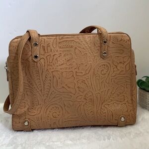 MAXX New York floral tooled embossed leather tan shoulder bag